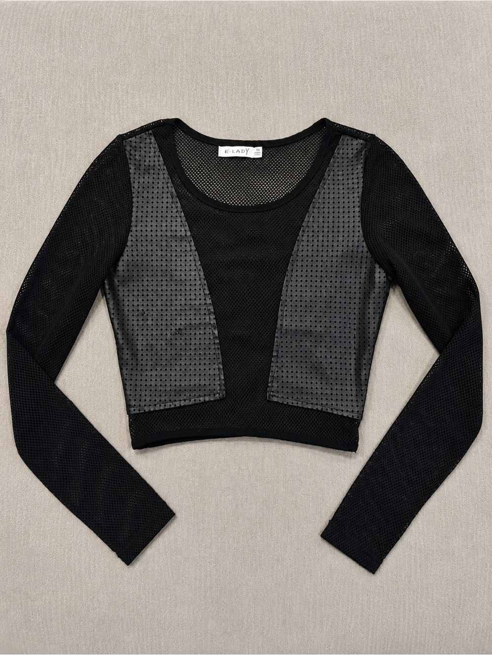 Black Mesh Long Sleeve Faux Leather Crop Top Y2K